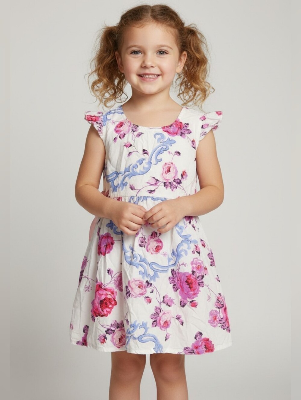 Charming Floral Kids Dress in Pink and Blue